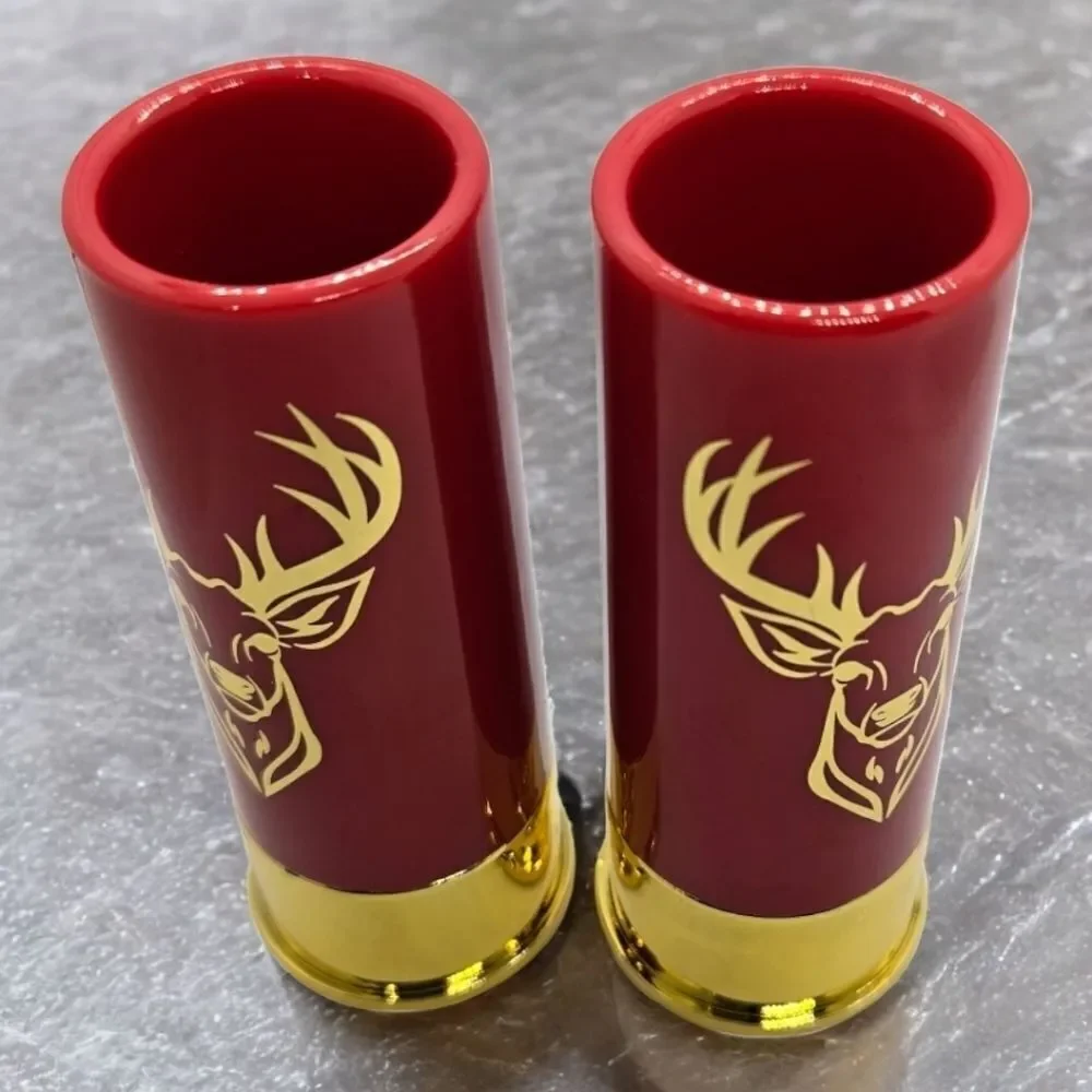 Gift Box Set 12 Gauge Shotgun Shell Red Shot Glasses Gold Deer Novelty Barware